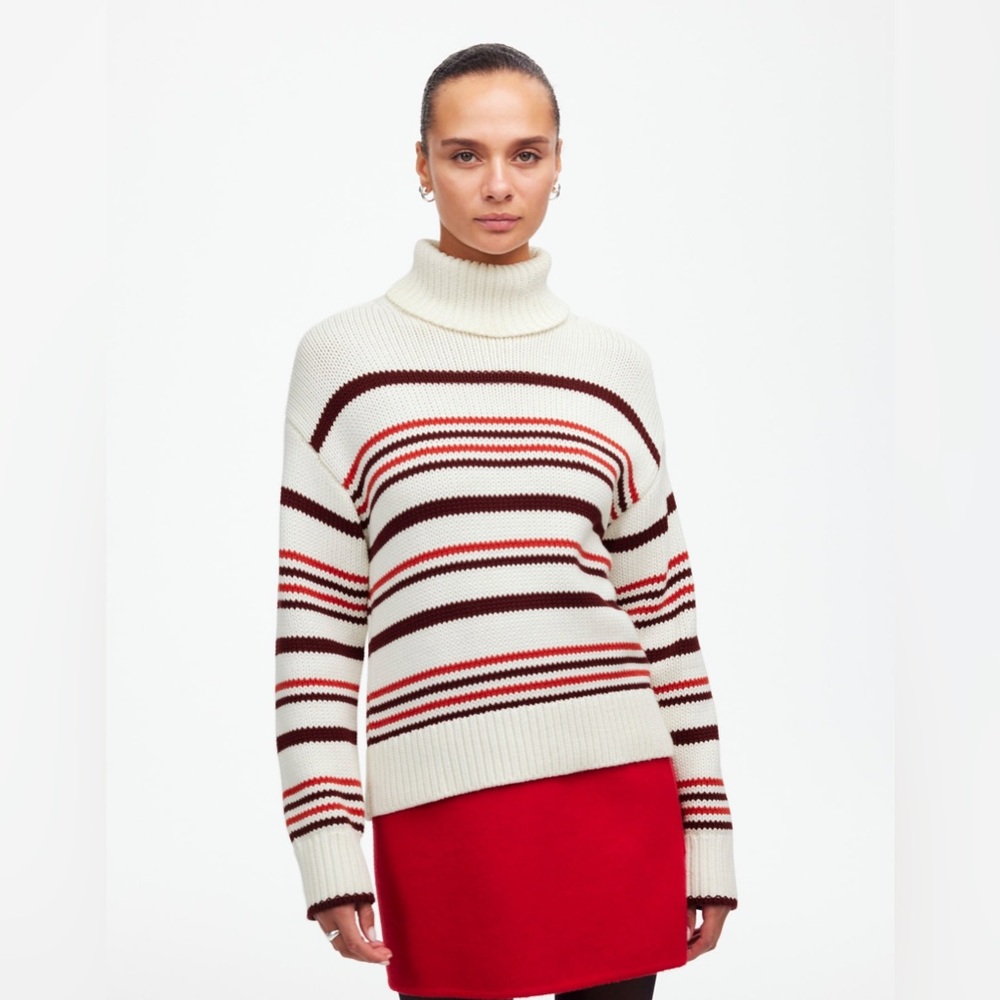 NWT Madewell Ribbed Cotton Turtleneck Sweater Stripe M front collar separated